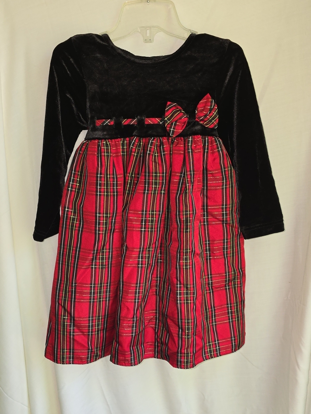 Girls Black Velvet Top with Red Plaid Skirt Holiday Dress